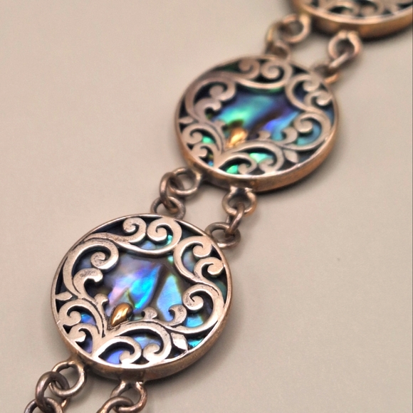 Michael Dawkins & Sterling & 18K Accent Abalone Shell Scroll Bracelet 7"-8" - Picture 1 of 11